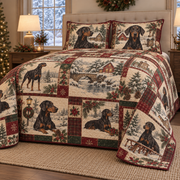 Doberman Pinscher Vintage Postcards Christmas Quilt Set, low side-angle bedroom view