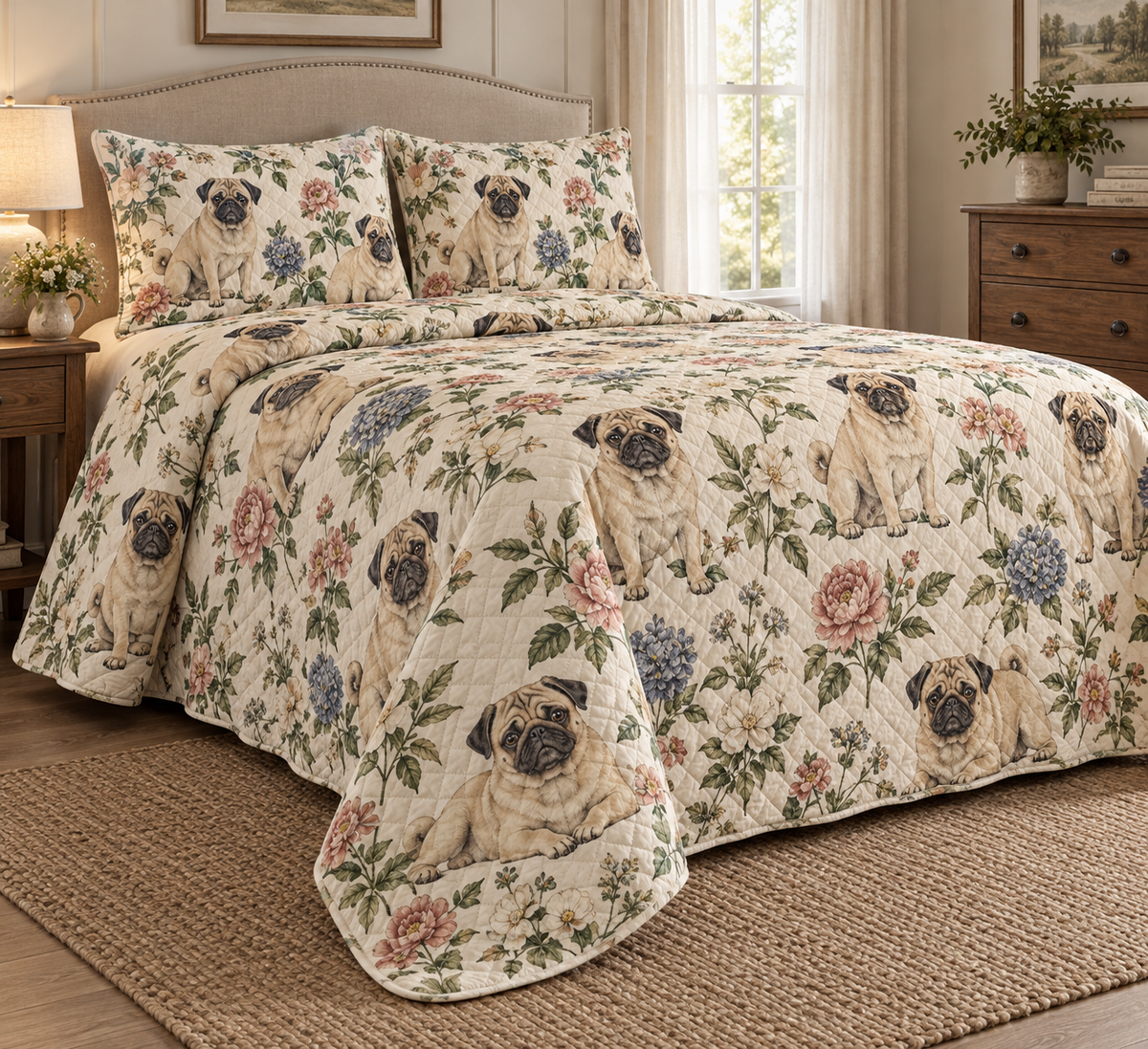 Pug Cottage Floral Quilt Set, low side-angle bedroom view