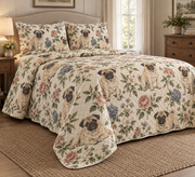 Pug Cottage Floral Quilt Set, low side-angle bedroom view