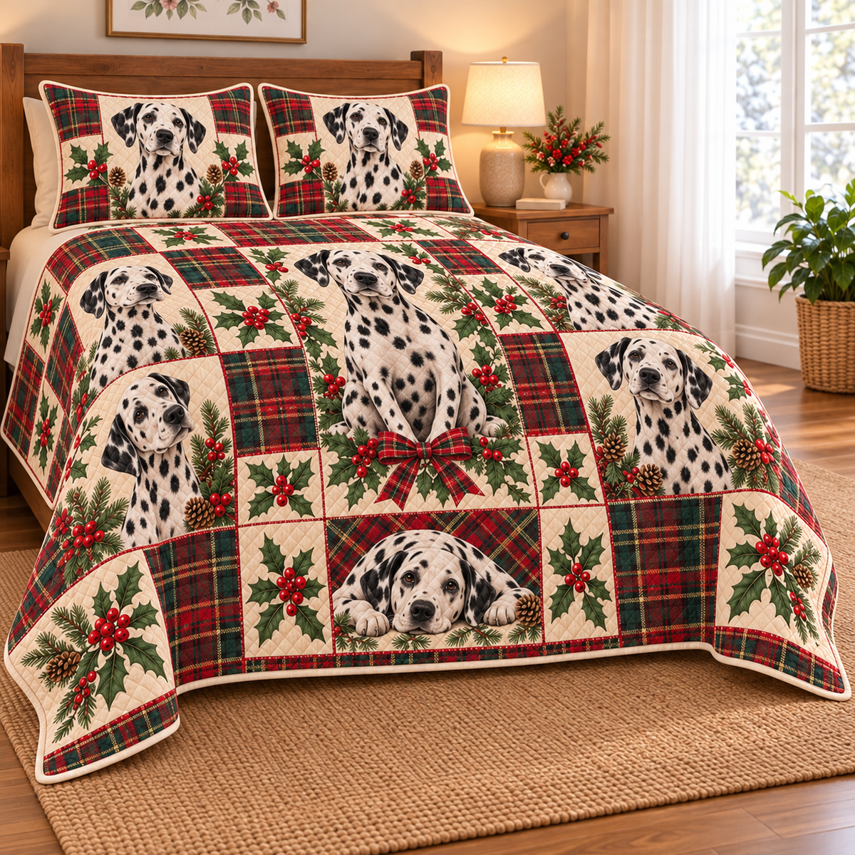 Dalmatian Heritage Tartan Christmas Quilt Set, low side-angle bedroom view