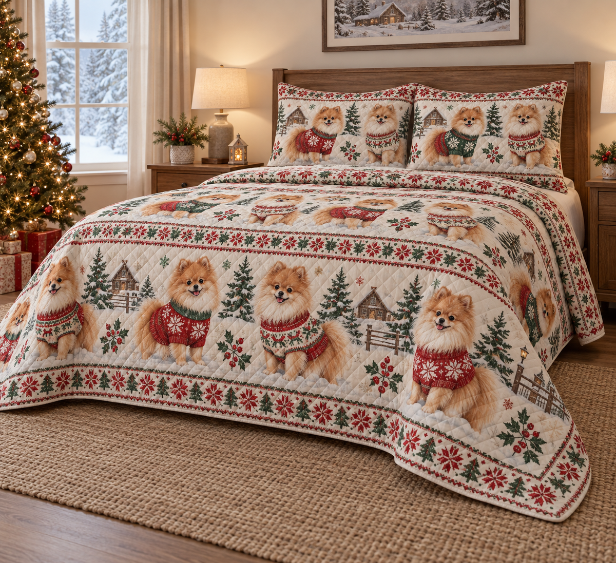 Pomeranian Cozy Sweater Christmas Quilt Set, low side-angle bedroom view