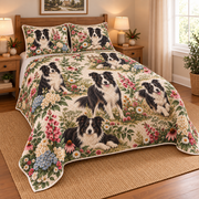 Border Collie Cottage Floral Quilt Set, low side-angle bedroom view