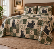 Scottish Terrier Heritage Patchwork Quilt Set, low side-angle bedroom view