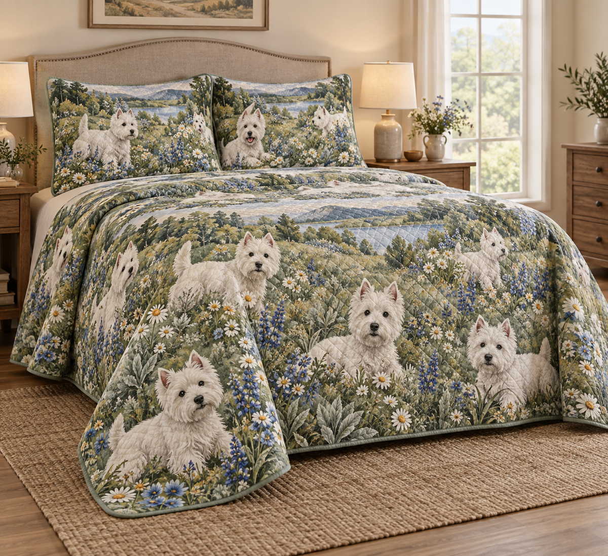 West Highland White Terrier Wildflower Meadow Quilt Set, low side-angle bedroom view