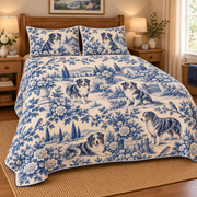 Australian Shepherd Blue Country Toile Quilt Set, low side-angle bedroom view