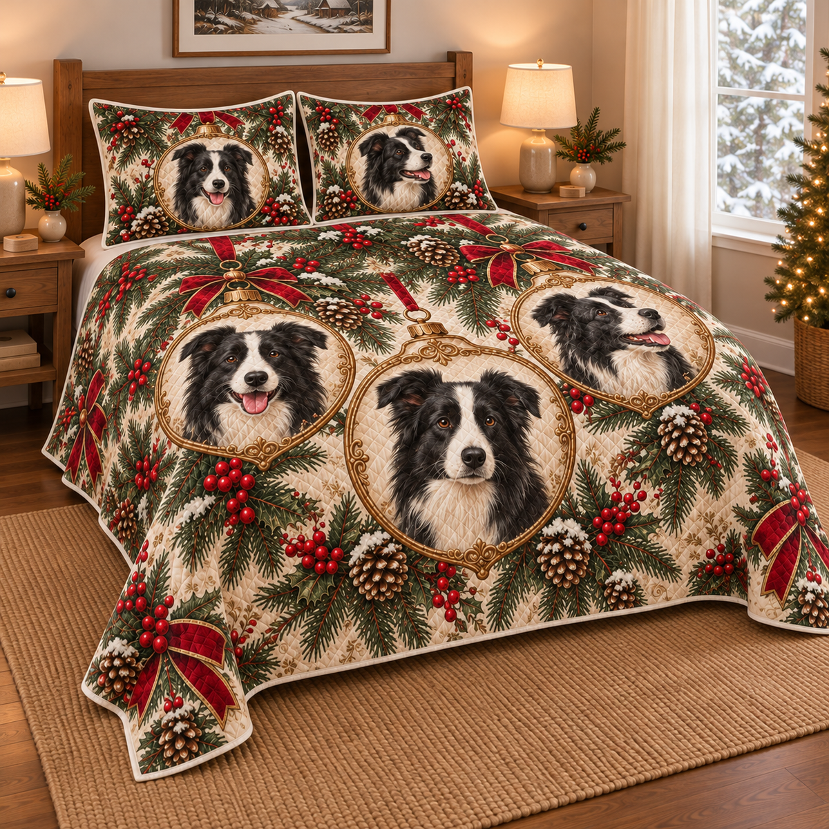 Border Collie Ornament Medallions Christmas Quilt Set, low side-angle bedroom view