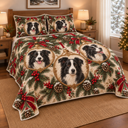 Border Collie Ornament Medallions Christmas Quilt Set, low side-angle bedroom view