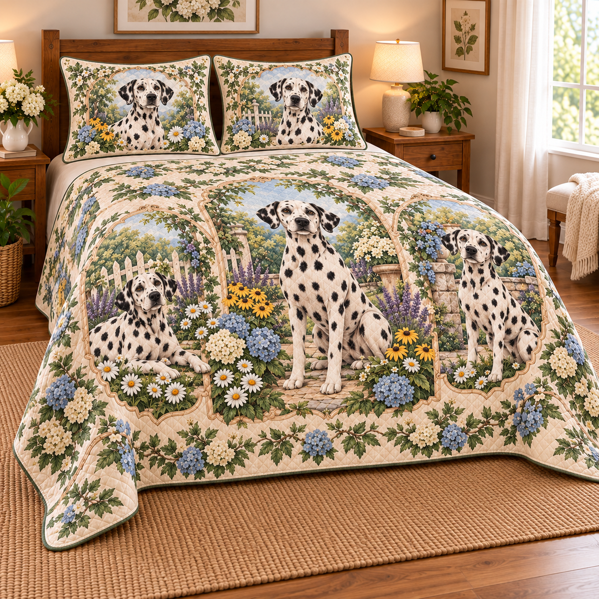 Dalmatian Garden Cameos Quilt Set, low side-angle bedroom view