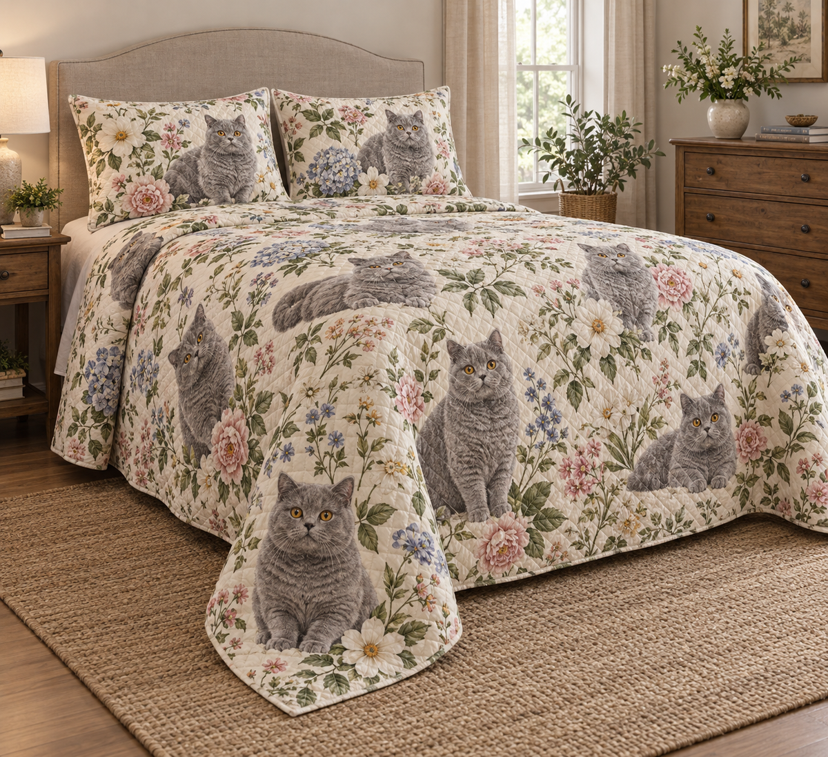 British Shorthair Cat Cottage Floral Quilt Set, low side-angle bedroom view