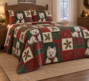 West Highland White Terrier Heritage Tartan Christmas Quilt Set, low side-angle bedroom view