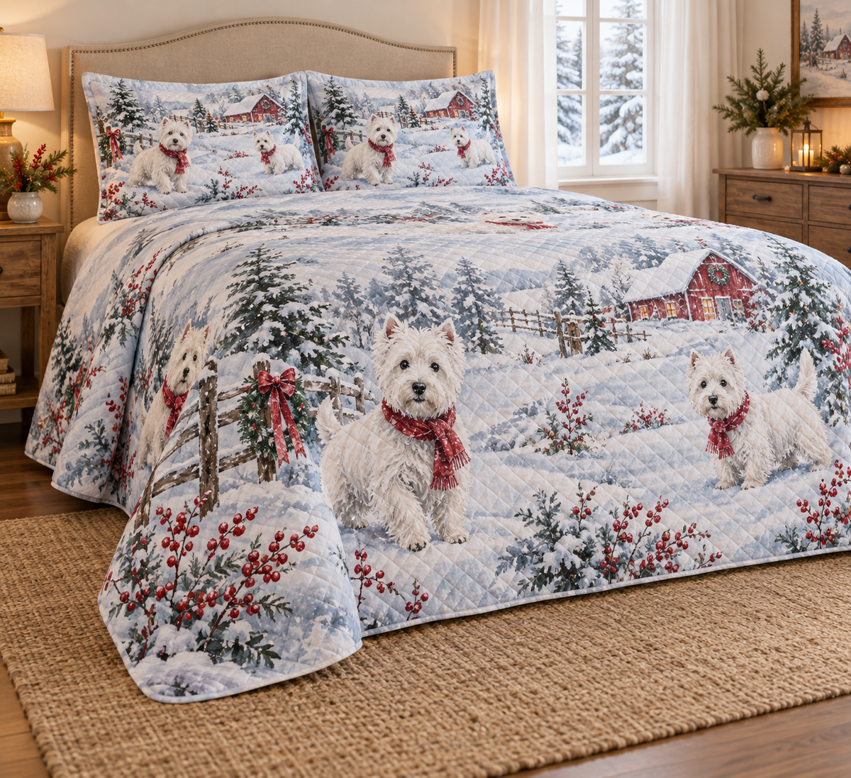 West Highland White Terrier Snowy Watercolor Christmas Quilt Set, low side-angle bedroom view