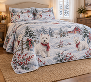 West Highland White Terrier Snowy Watercolor Christmas Quilt Set, low side-angle bedroom view