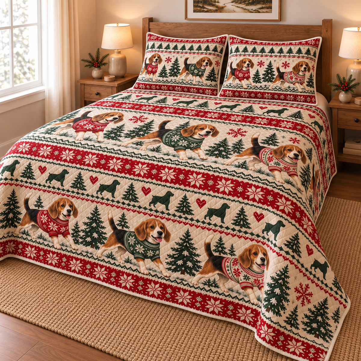 Beagle Cozy Christmas Sweater Quilt Set, low side-angle bedroom view
