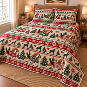 Beagle Cozy Christmas Sweater Quilt Set, low side-angle bedroom view
