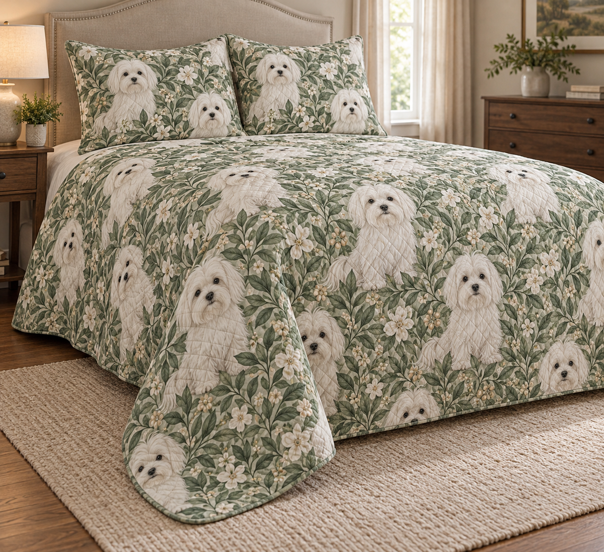 Maltese Spotted Botanical Quilt Set, low side-angle bedroom view