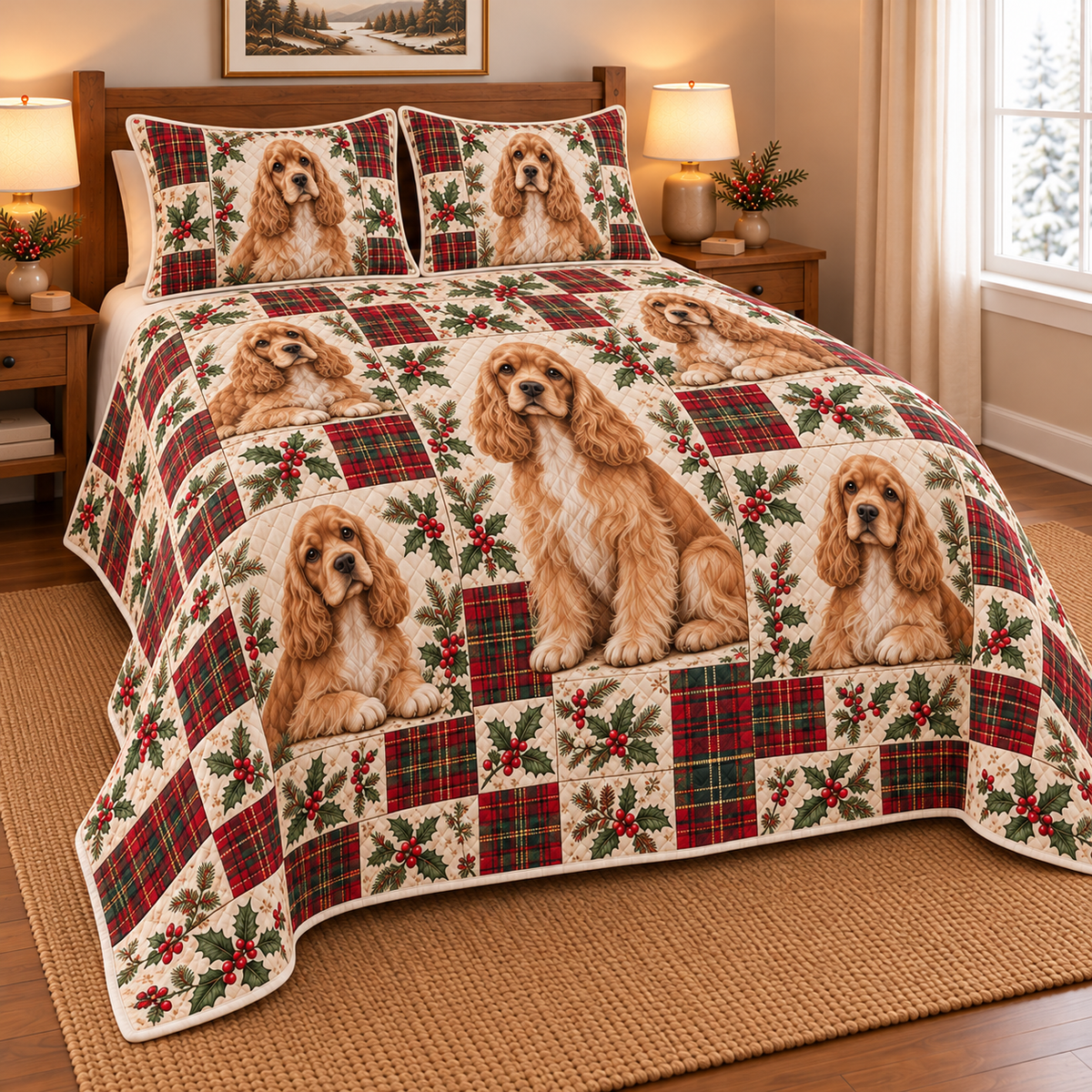 Cocker Spaniel Heritage Tartan Christmas Quilt Set, low side-angle bedroom view