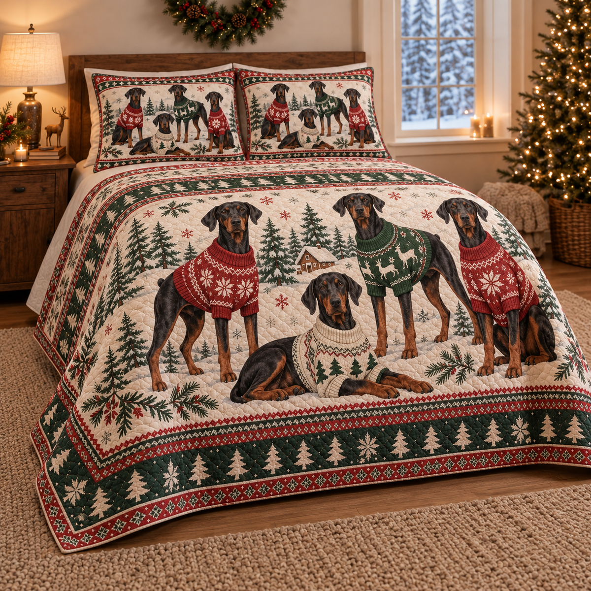 Doberman Pinscher Cozy Sweater Christmas Quilt Set, low side-angle bedroom view