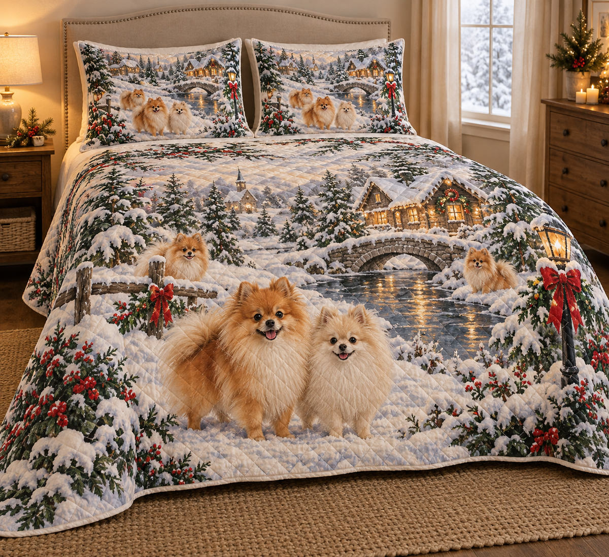 Pomeranian Vintage Postcards Christmas Quilt Set, low side-angle bedroom view