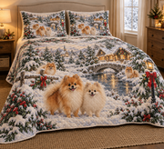 Pomeranian Vintage Postcards Christmas Quilt Set, low side-angle bedroom view
