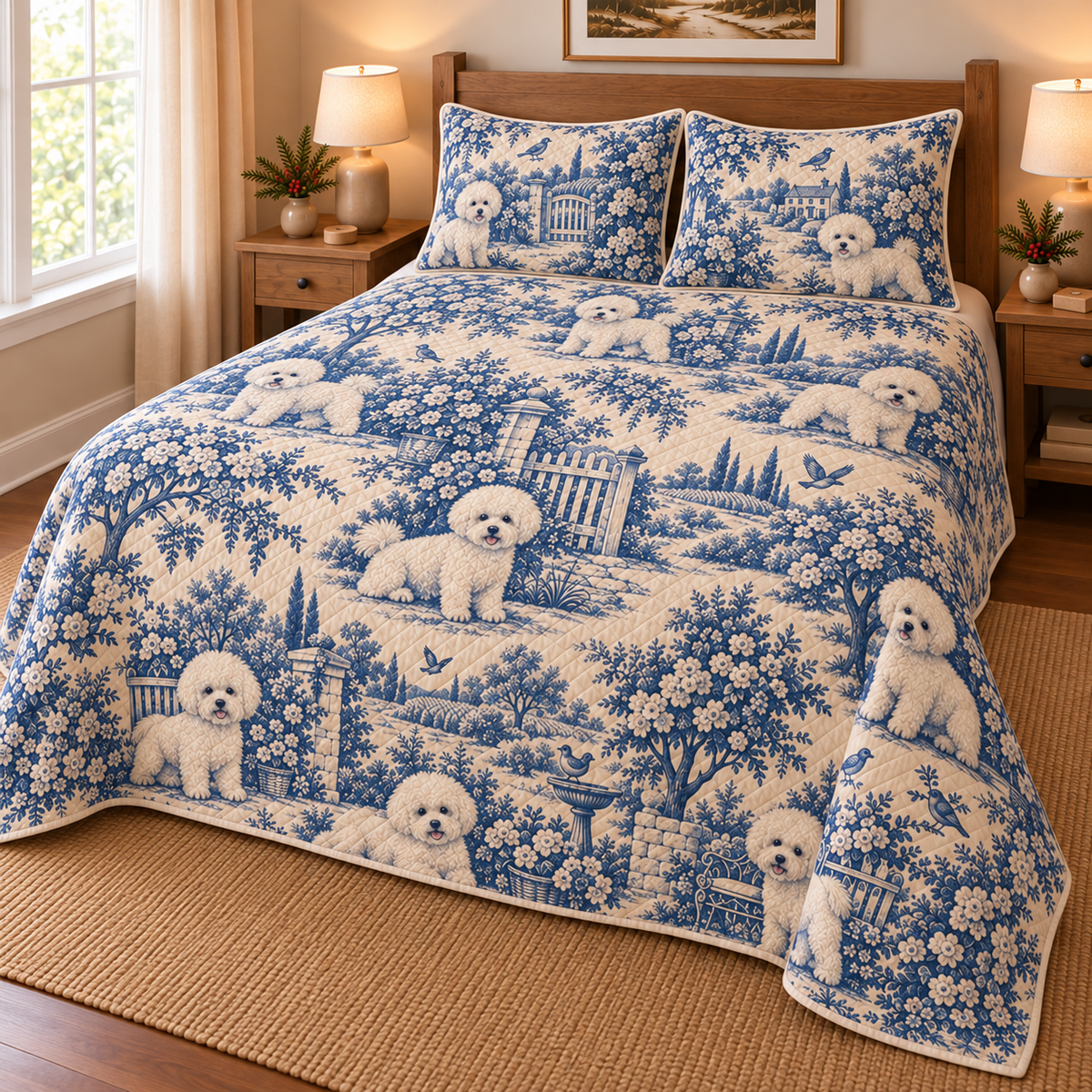 Bichon Frise Blue Country Toile Quilt Set, low side-angle bedroom view