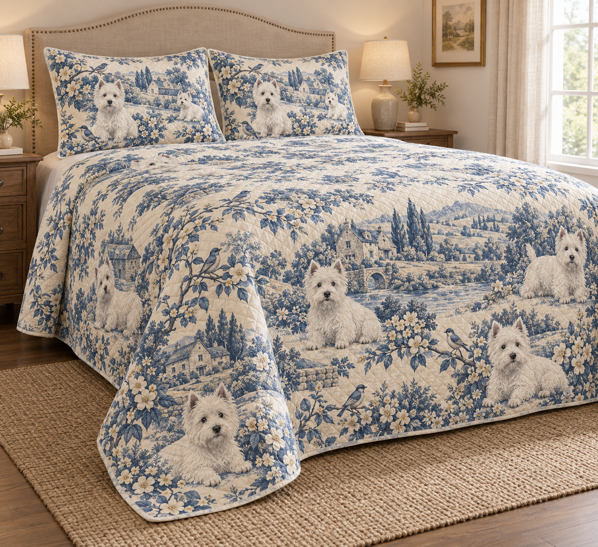 West Highland White Terrier Blue Country Toile Quilt Set, low side-angle bedroom view