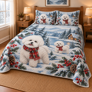 Bichon Frise Snowy Watercolor Christmas Quilt Set, low side-angle bedroom view