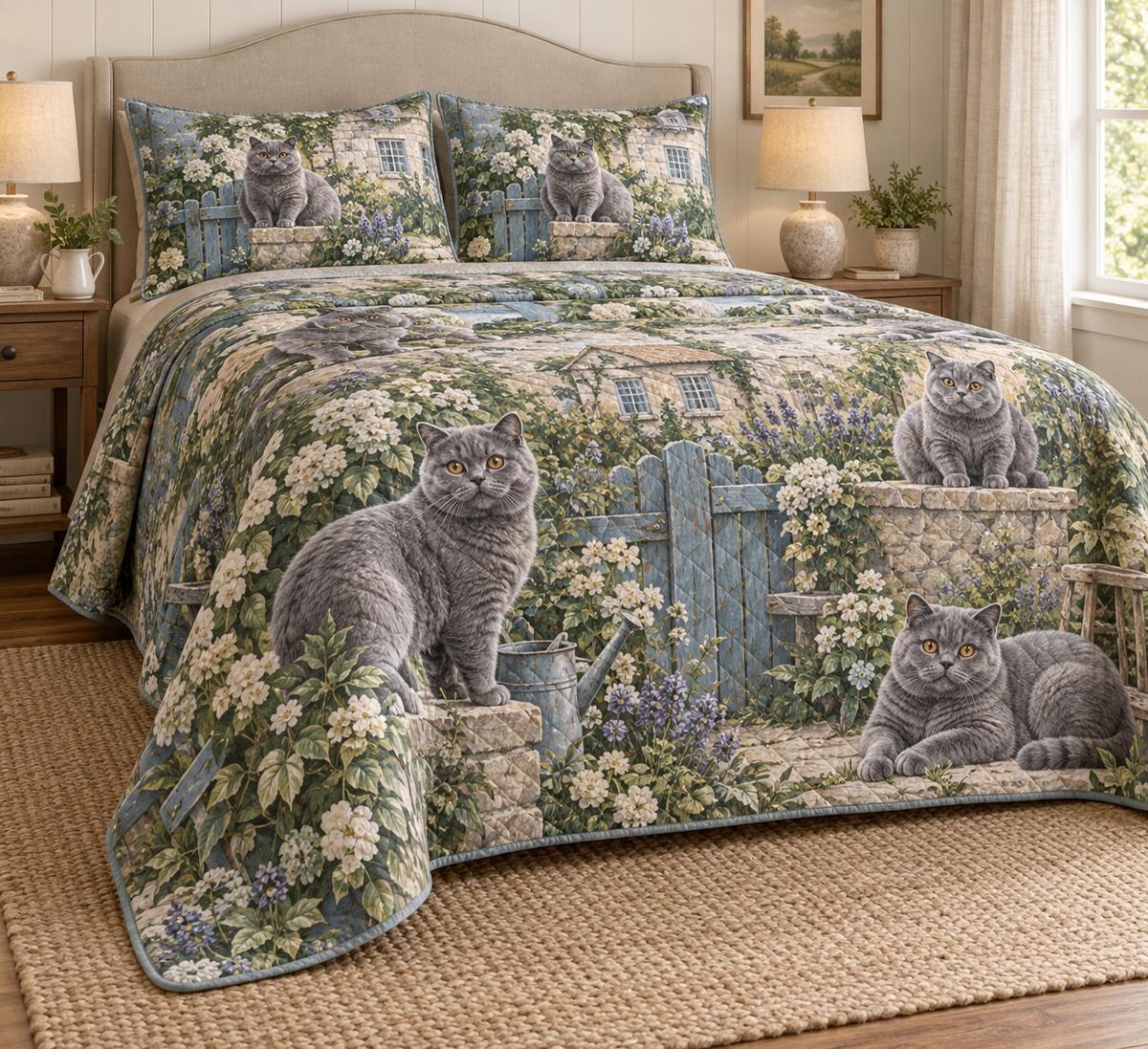 British Shorthair Cat Rustic Farmhouse Quilt Set, low side-angle bedroom view