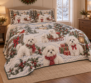 Maltese Vintage Postcards Christmas Quilt Set, low side-angle bedroom view