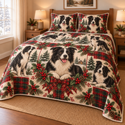 Border Collie Heritage Tartan Christmas Quilt Set, low side-angle bedroom view