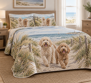 Labradoodle Coastal Morning Quilt Set, low side-angle bedroom view