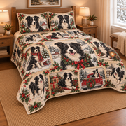 Border Collie Vintage Christmas Postcards Quilt Set, low side-angle bedroom view