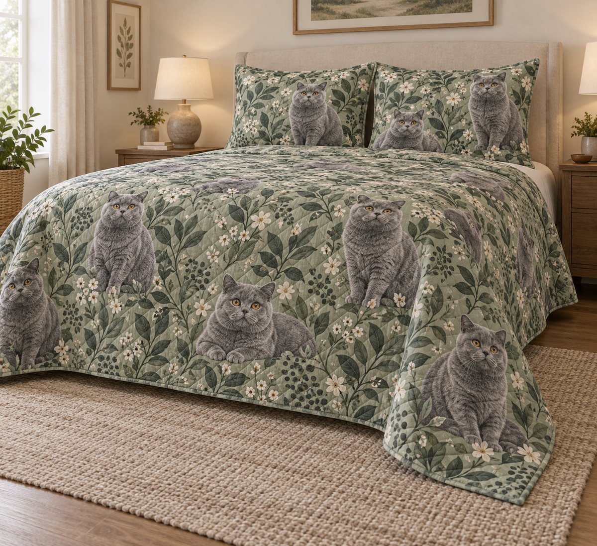 British Shorthair Cat Spotted Botanical Quilt Set, low side-angle bedroom view