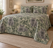 British Shorthair Cat Spotted Botanical Quilt Set, low side-angle bedroom view