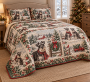 Schnauzer Vintage Postcards Christmas Quilt Set, low side-angle bedroom view