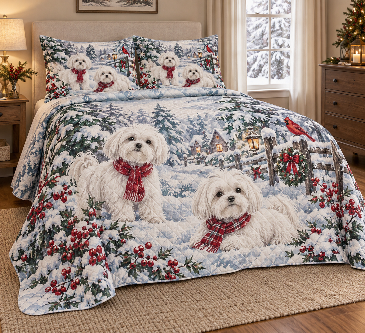 Maltese Snowy Watercolor Christmas Quilt Set, low side-angle bedroom view