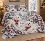 Maltese Snowy Watercolor Christmas Quilt Set, low side-angle bedroom view