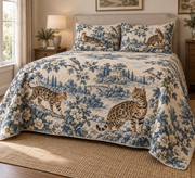 Bengal Cat Blue Country Toile Quilt Set, low side-angle bedroom view