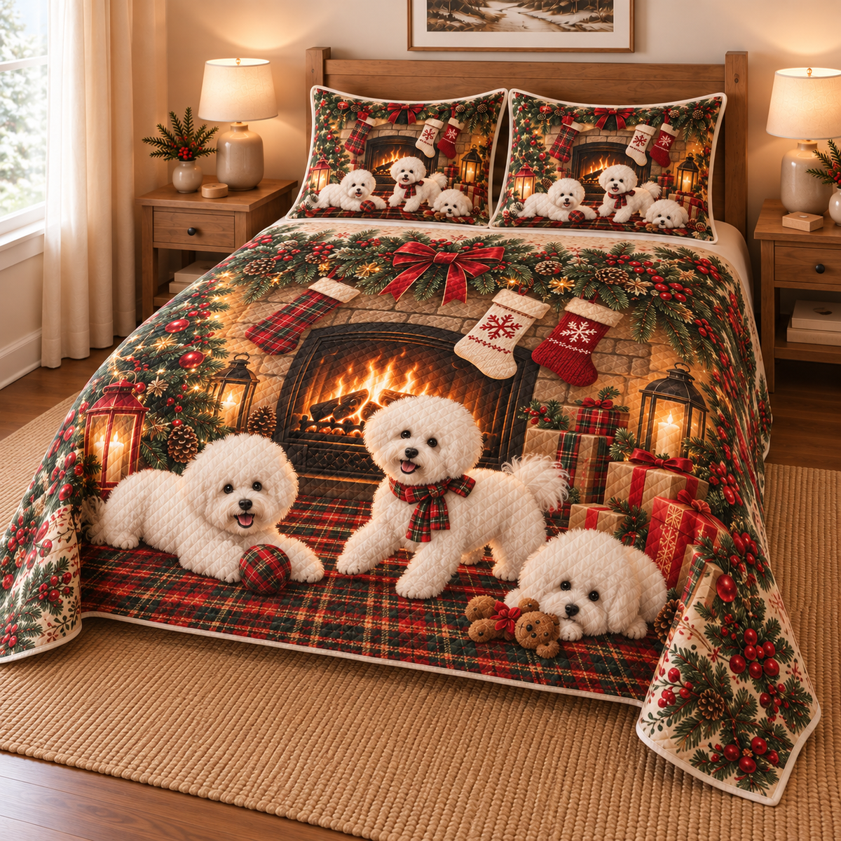Bichon Frise Stocking Mantel Christmas Quilt Set, low side-angle bedroom view