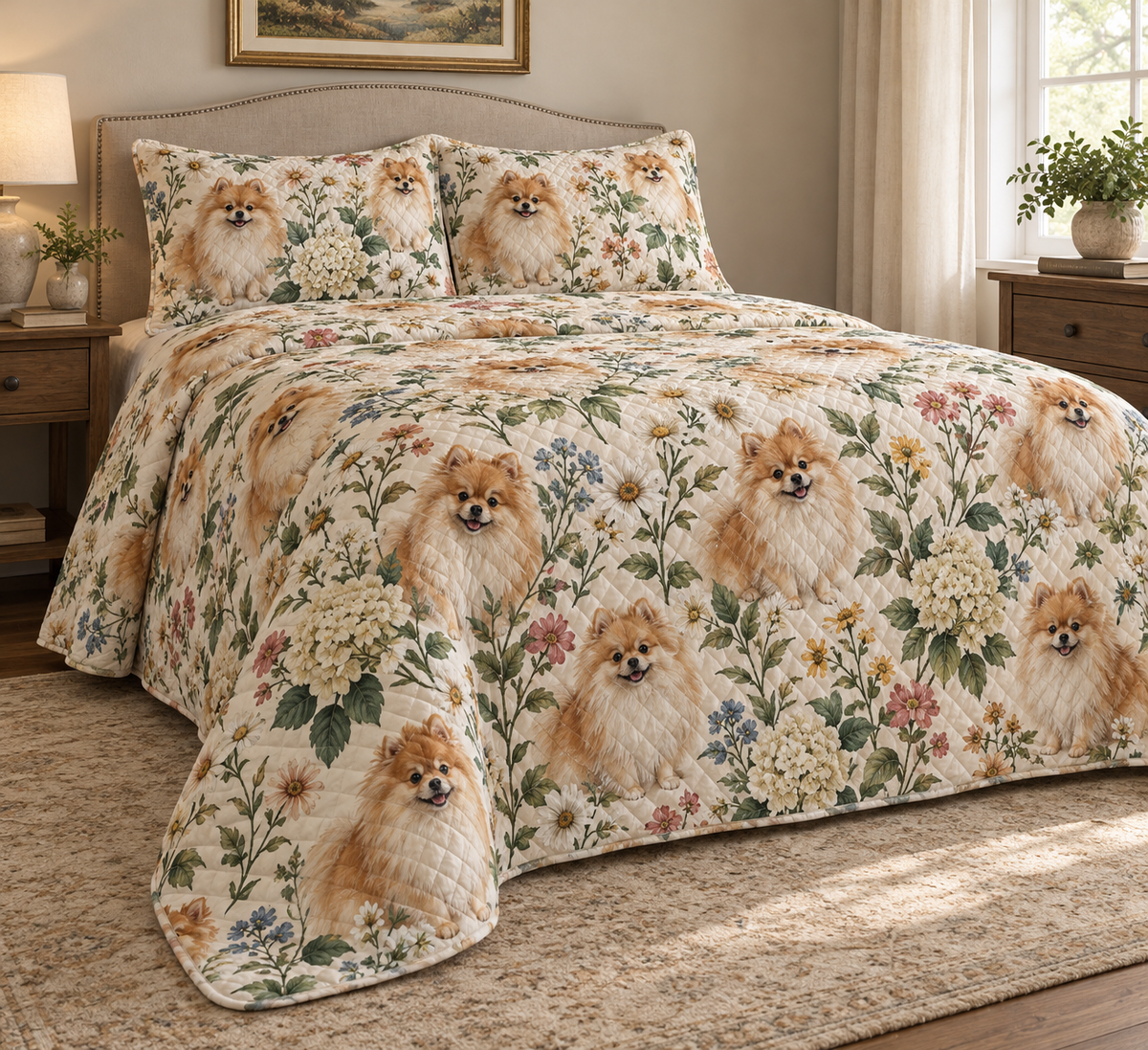 Pomeranian Cottage Floral Quilt Set, low side-angle bedroom view