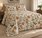 Pomeranian Cottage Floral Quilt Set, low side-angle bedroom view