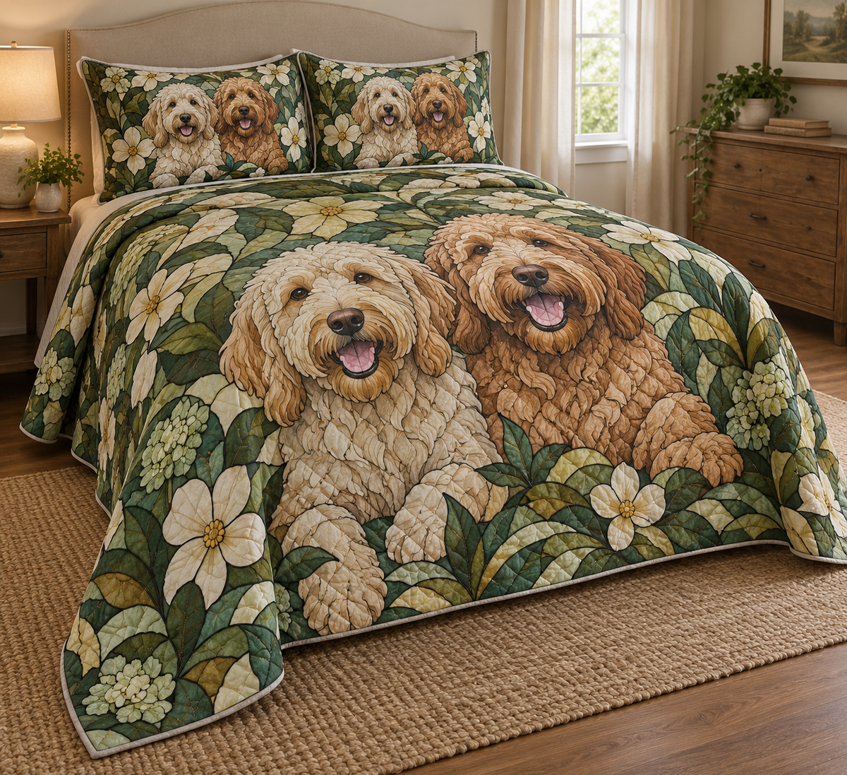 Labradoodle Garden Stained Glass Quilt Set, low side-angle bedroom view