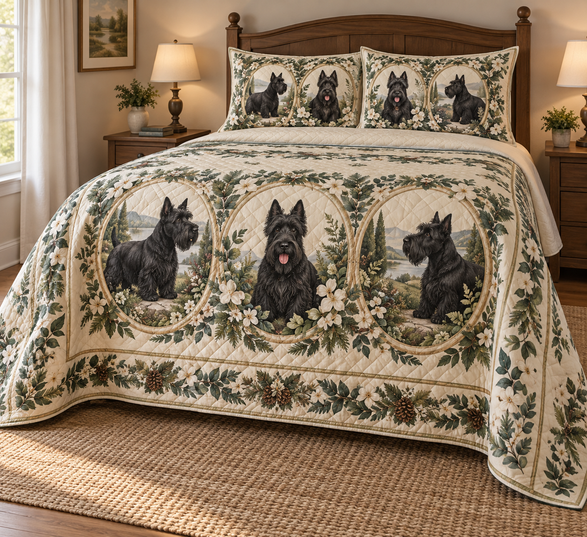 Scottish Terrier Garden Cameos Quilt Set, low side-angle bedroom view