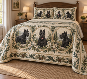 Scottish Terrier Garden Cameos Quilt Set, low side-angle bedroom view