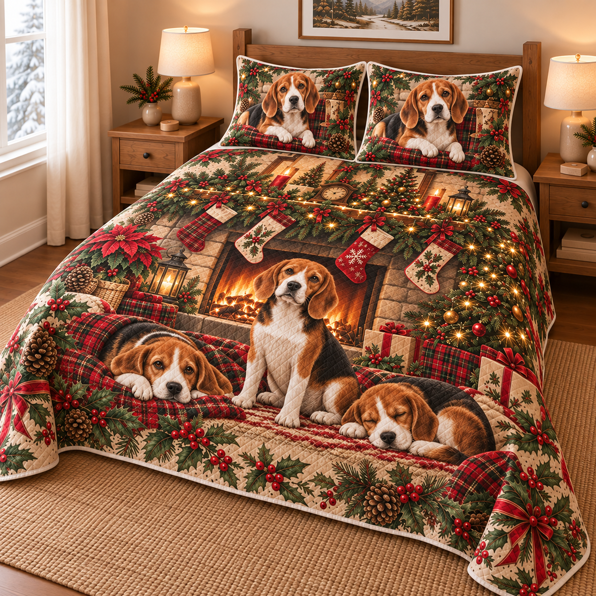 Beagle Stocking Mantel Christmas Quilt Set, low side-angle bedroom view