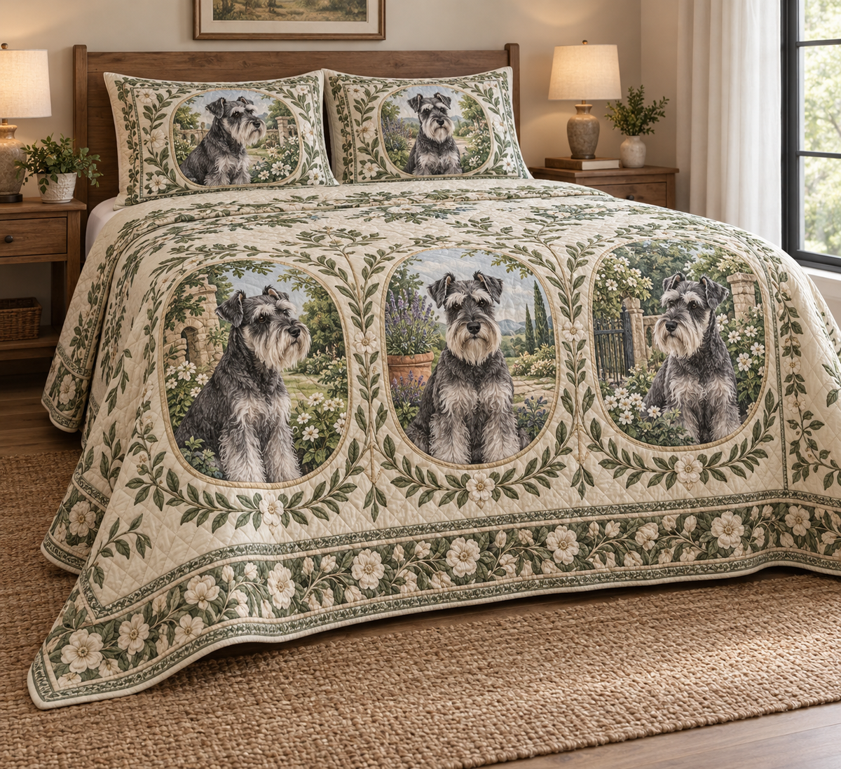 Schnauzer Garden Cameos Quilt Set, low side-angle bedroom view