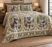 Schnauzer Garden Cameos Quilt Set, low side-angle bedroom view