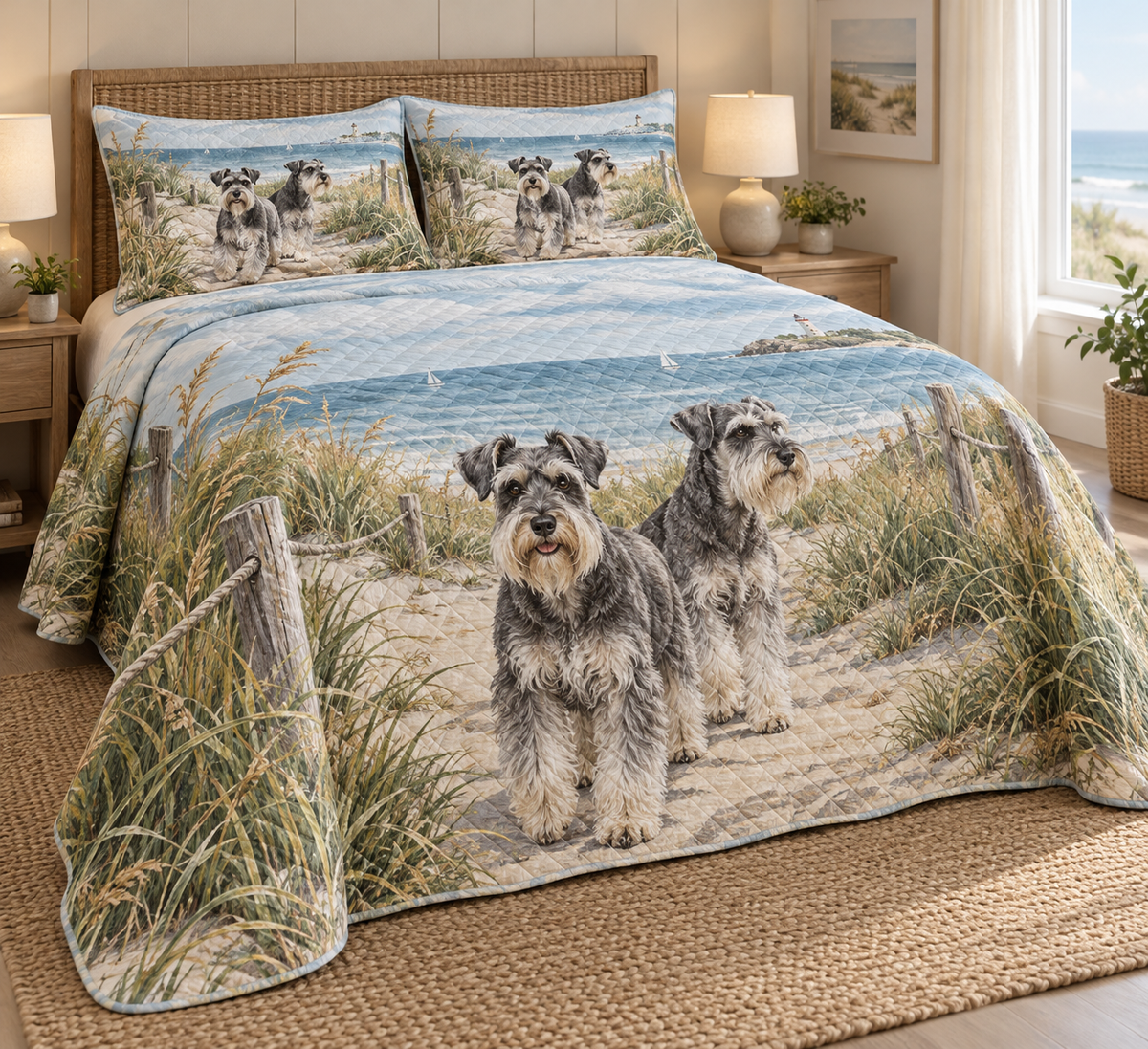 Schnauzer Coastal Morning Quilt Set, low side-angle bedroom view