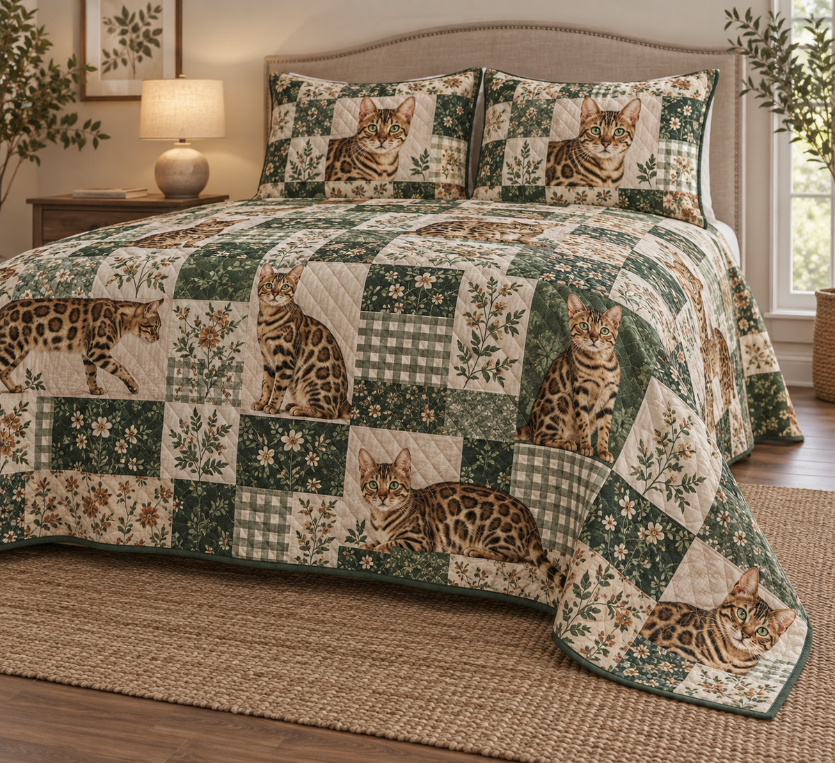 Bengal Cat Heritage Patchwork Quilt Set, low side-angle bedroom view