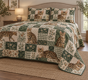 Bengal Cat Heritage Patchwork Quilt Set, low side-angle bedroom view