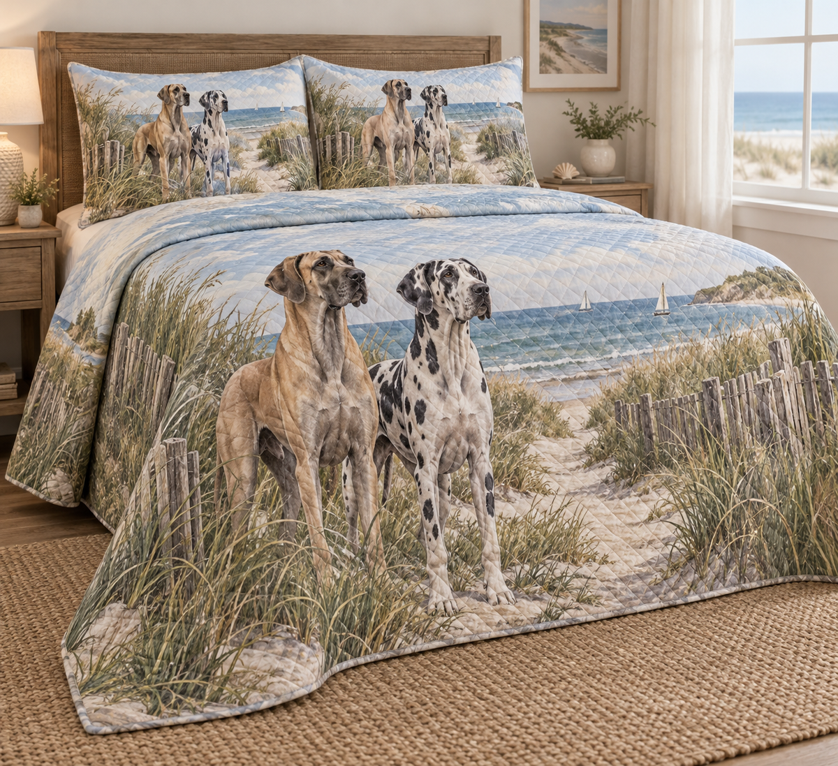 Great Dane Coastal Morning Quilt Set, low side-angle bedroom view